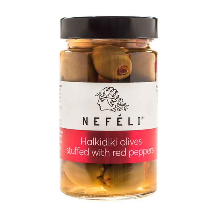 Neféli Green Stuffed Olives with Red Peppers 300ml, Vinoteca Guatemala