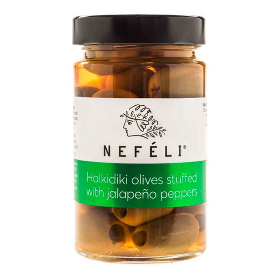 Neféli Green Stuffed Olives with Jalapeño Peppers 300ml, Vinoteca Guatemala